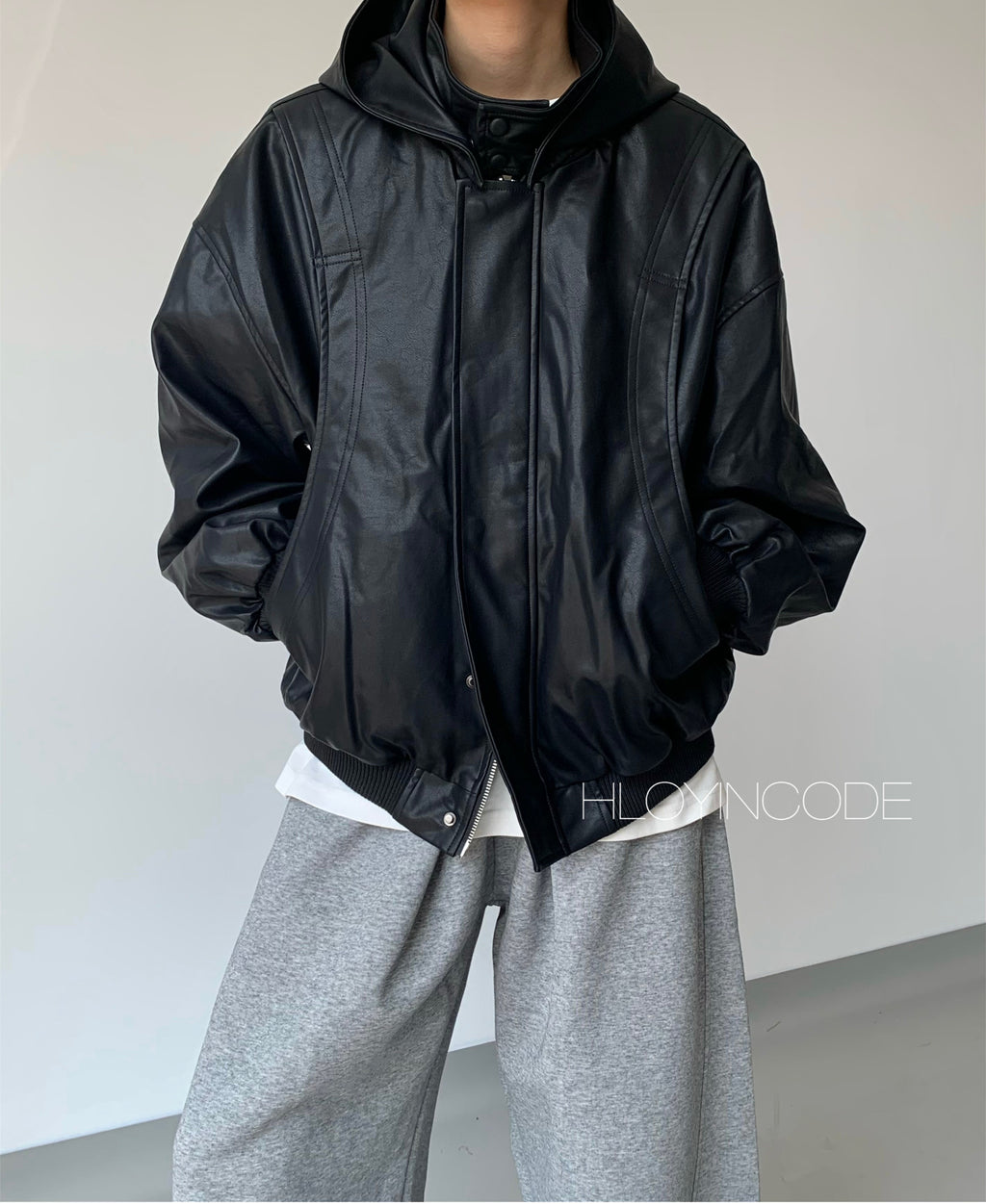 BLACK LEATHER JACKET WITH REMOVEABLE HOOD